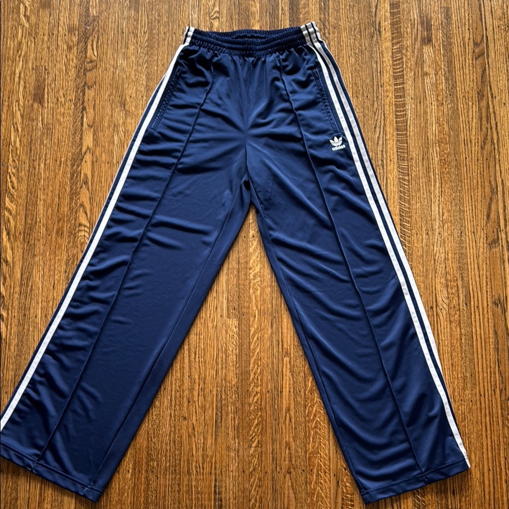 Adidas Blue and White Track Pants with Signature Stripes